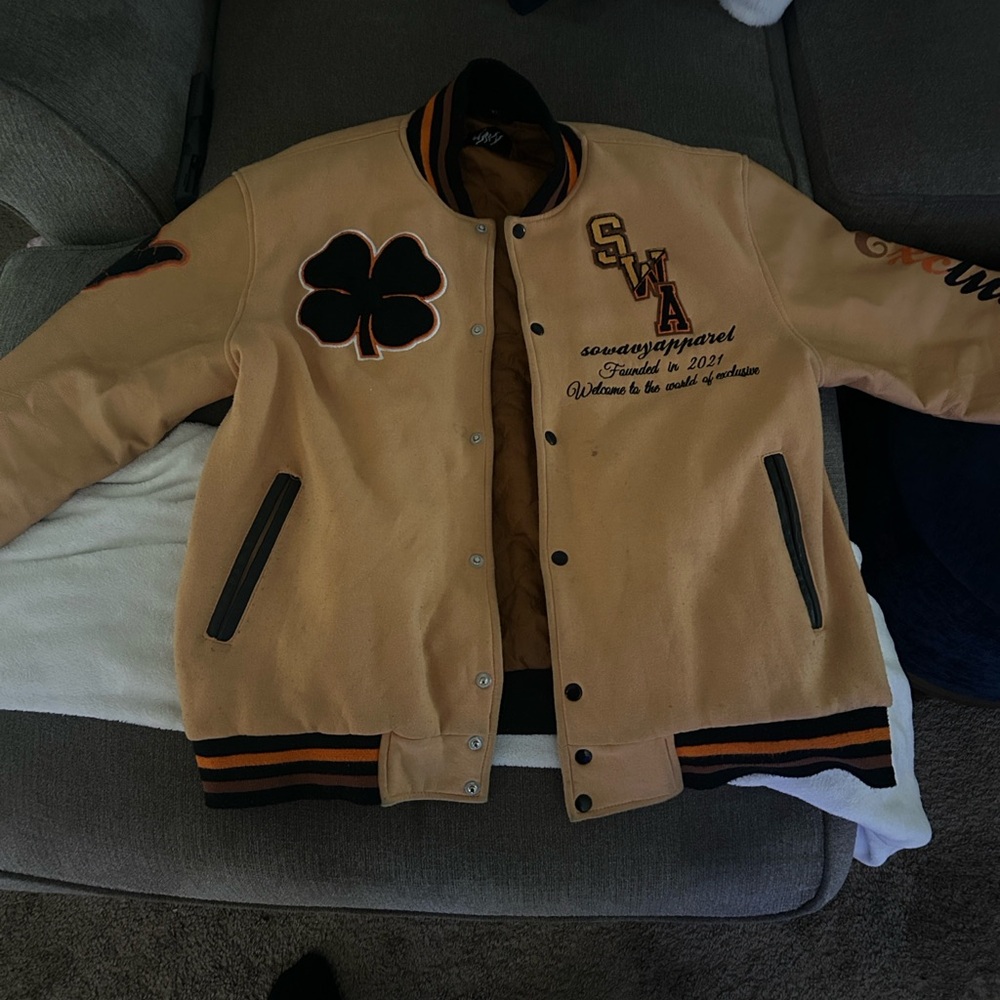Classic Tan Varsity Jacket with Black Details